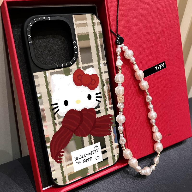C家围巾纹Kitty凯蒂猫适用苹果16promax手机壳iphone15/17保护套14pro镜面MagSafe磁吸13秋冬款12/11情侣plus