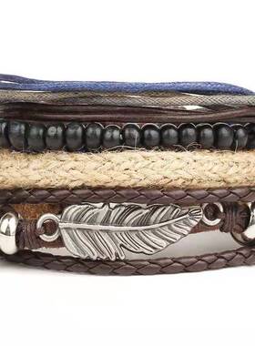 亚马逊复古多层金属树叶牛皮手链