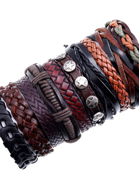 精美复古手工编织牛皮手链十件套