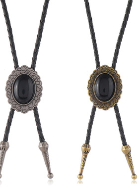 简约复古西部牛仔领结饰扣可调节男士长款PU皮革项链个性波洛领带