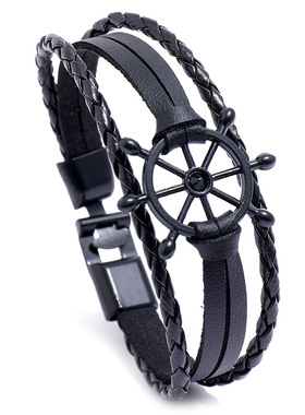 外贸货源欧美跨境时尚配饰黑色个性船舵编织手链男士皮革手环