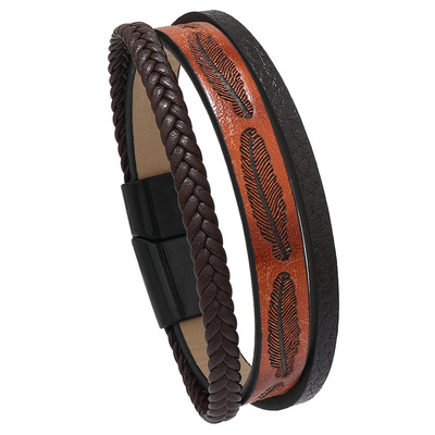 欧美ins风男女多层手工编织皮革手链简约压印羽毛磁铁扣bracelets