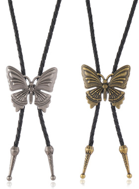 简约复古西部牛仔波洛领结饰扣创意蝴蝶吊坠PU皮革领带长款项链