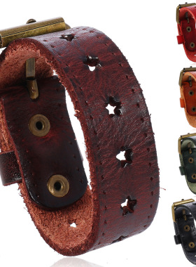 简约创意镂空五角星复古牛皮手链 欧美风朋克摇滚个性手镯配饰