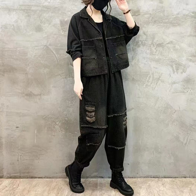 时尚气质宽松牛仔套装女2025春秋新款妈妈大尺码洋派休闲春装两件