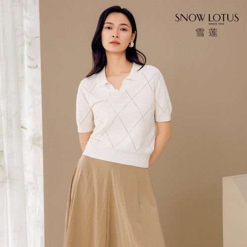 雪莲菱格纹短袖polo领针织衫女