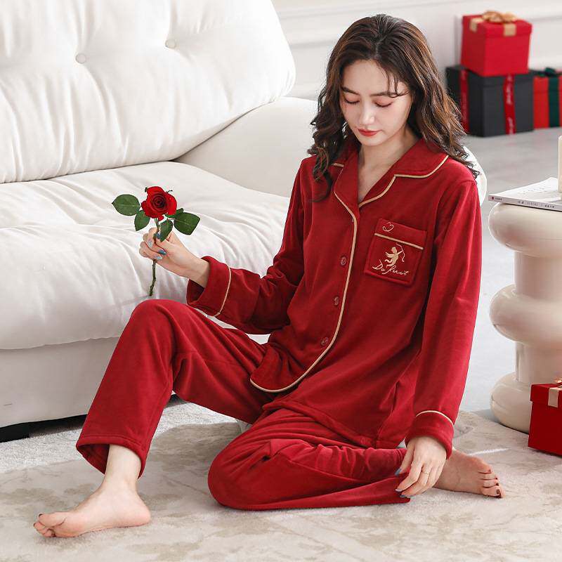 官方正品海岛绒睡衣女秋冬红色本命年珊瑚绒薄款可外穿家居服春秋