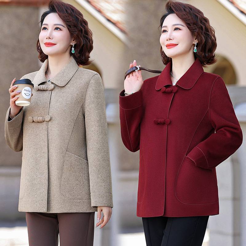 官方正品中年妈妈春秋装洋气毛呢外套女中老年女装呢子上衣翻领双