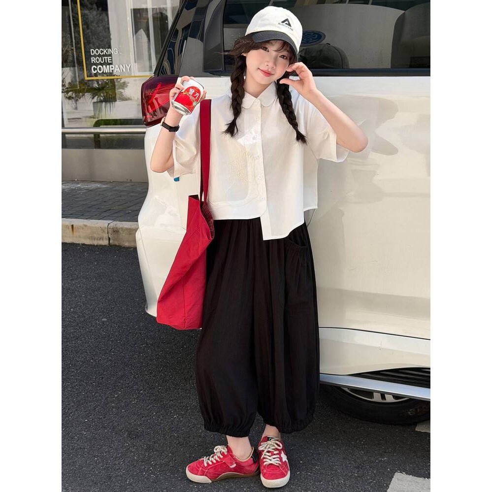 官方正品女童套装2026新款夏季儿童短袖上衣大童女孩洋气时髦衬衫
