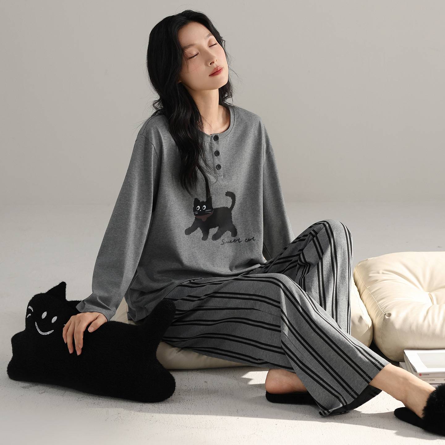 官方正品睡衣女春秋款纯棉长袖家居服休闲狗时尚早秋胖mm大码懒人
