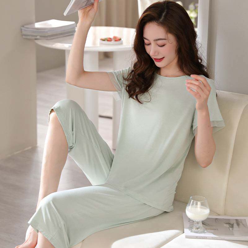 官方正品夏季莫代尔薄款短袖长裤妈妈睡衣女蕾丝花边家居服夏天加