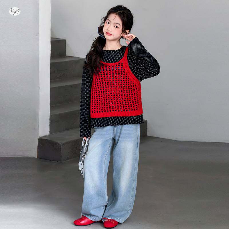 官方正品女童休闲春秋套装2926年新款中大童波点打底衫马甲三件套