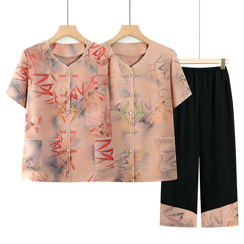 官方正品奶奶装夏季套装60岁中老年人女装夏天衣服妈妈短袖衬衫裤