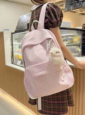 官方正品复古港风格子双肩包女2026新款大容量初中大学生书包旅行