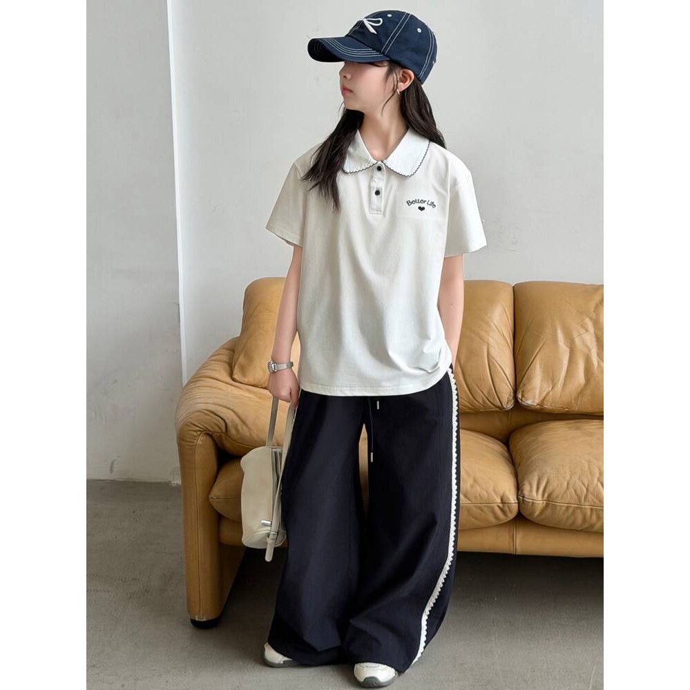 官方正品女大童夏装套装2026新款小女孩短袖POLO衫阔腿裤两件套初