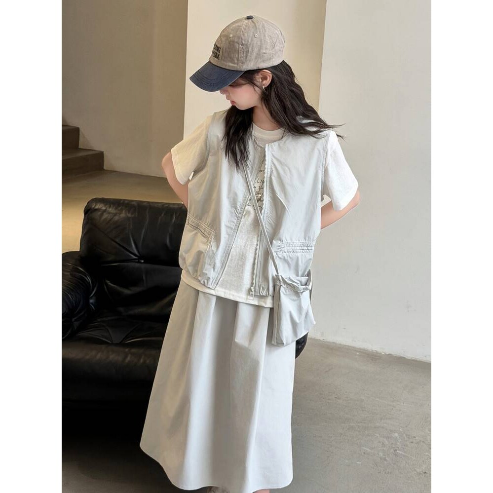 官方正品女童夏装套装2026新款儿童洋气大童夏季马甲短袖T恤半身