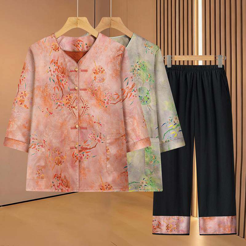 官方正品中老年女装国风开衫套装奶奶夏装高级感衣服妈妈装宽松薄
