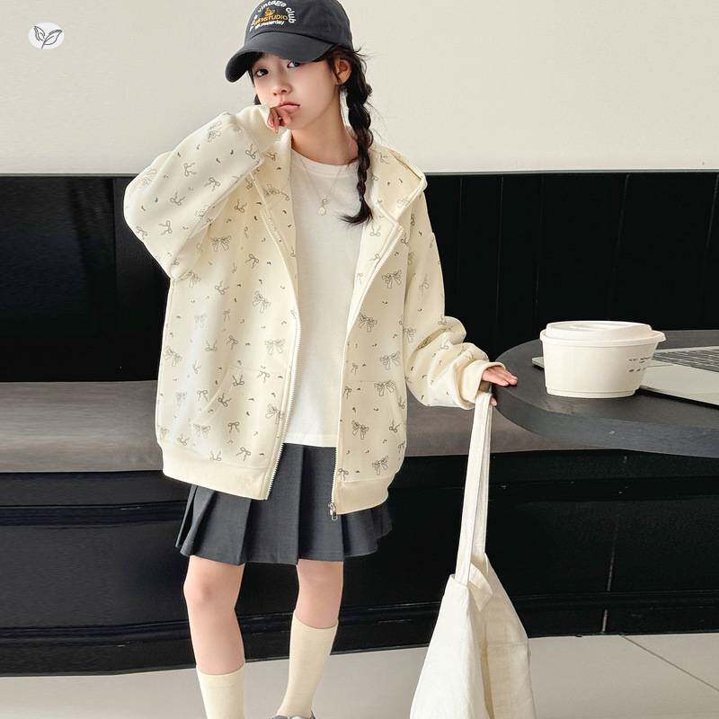 官方正品女童外套2026春季新款中大童蝴蝶结连帽卫衣开衫休闲长袖