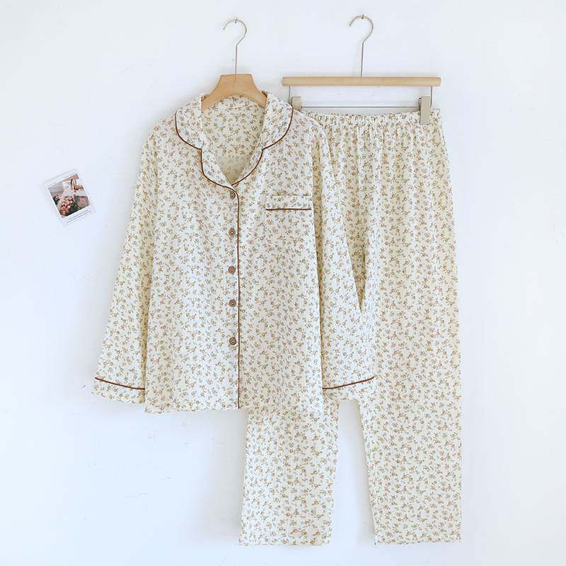 官方正品新款女士绉布全棉双层棉纱春碎花翻领家居服睡衣长袖长裤