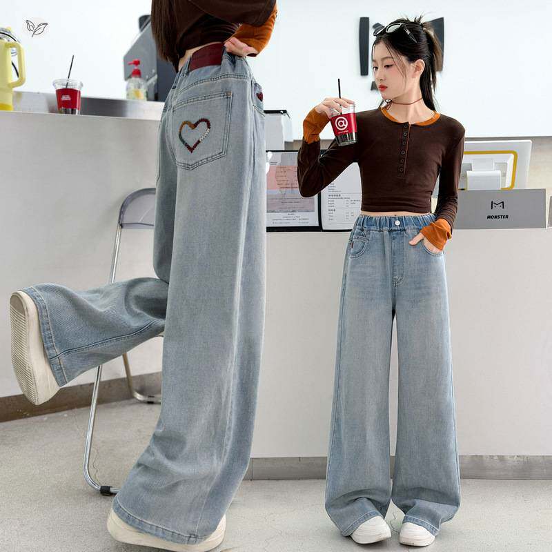 官方正品女童阔腿裤2026年春季新款彩色爱心刺绣牛仔裤中大童休闲