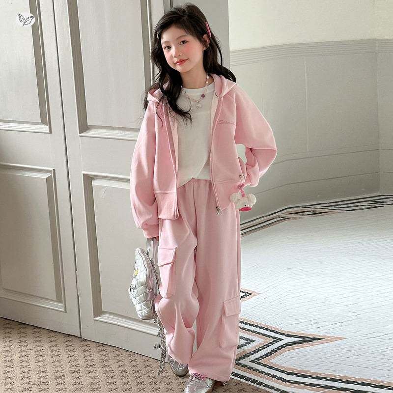 官方正品女童休闲运动套装2026年春季新款粉色连帽外套工装裤两件