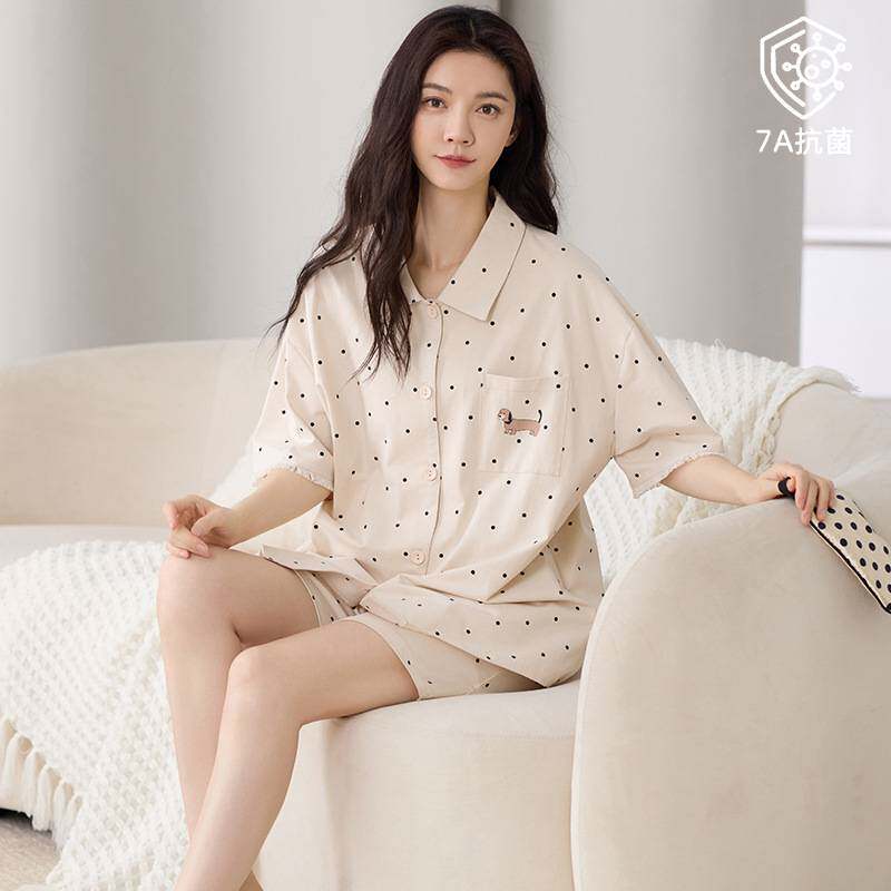 官方正品7A抗菌睡衣女夏季纯棉薄款短袖短裤甜美可爱波点可外穿家