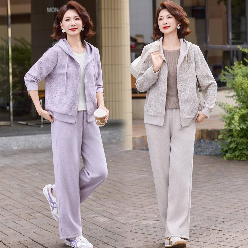 官方正品中老年秋装时尚连帽卫衣套装女春秋上衣外套妈妈装休闲运
