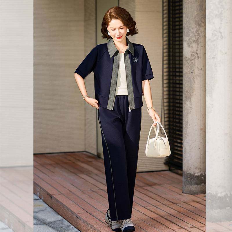 官方正品妈妈夏装拼接休闲运动服套装2026新款夏季中年女装宽松翻
