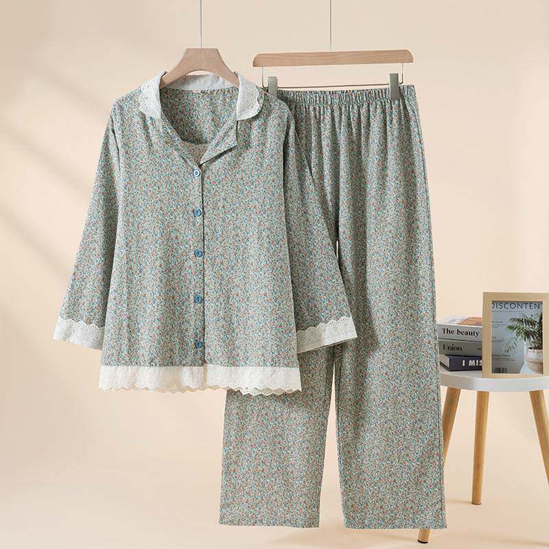 官方正品分销代发春秋季纯棉纱布女士家居服翻领卡通印花长袖长裤