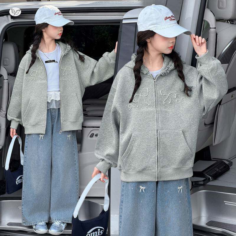 官方正品女童2026春季新款珍珠连帽外套中大童韩版韩系连帽学生蝴