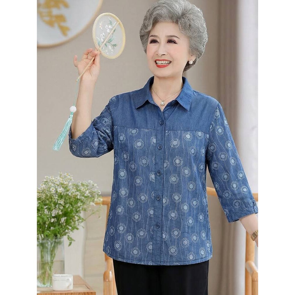 官方正品奶奶春季新款衬衫中老年女装洋气纯棉上衣妈妈装60岁70老