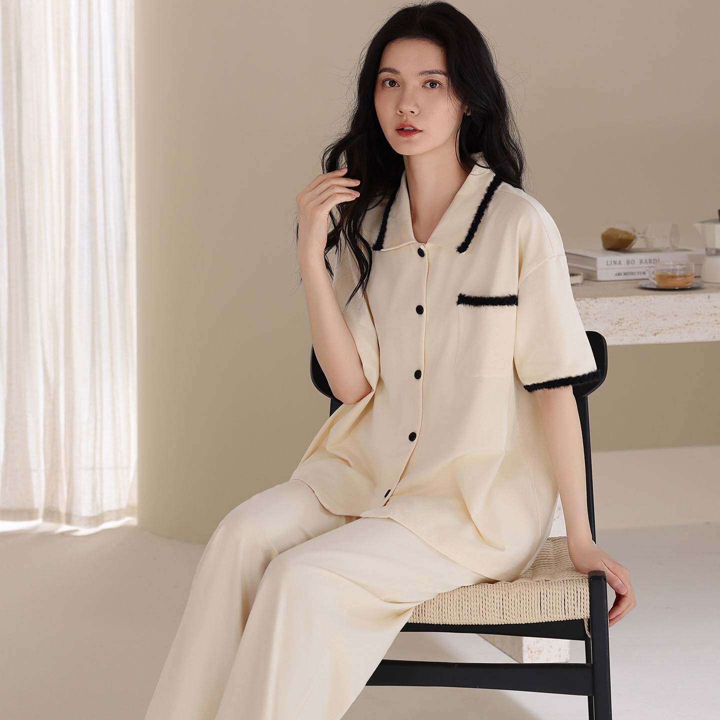 官方正品睡衣女士夏季100%纯棉短袖长裤薄款全棉大码纯色休闲家居