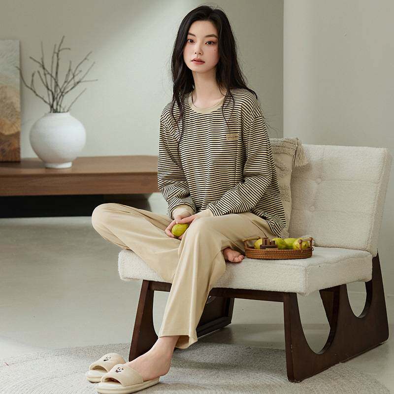 官方正品慵懒风家居服女春夏新款纯棉长袖长裤条纹可外穿宽松休闲