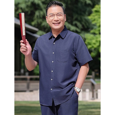 官方正品爸爸夏装衬衫套装短袖薄中老年人男上衣服夏季爷爷休闲衬