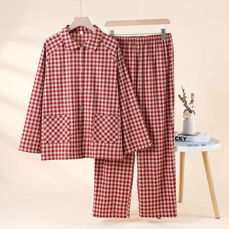 官方正品2026春季新款可外穿纯棉睡衣女娃娃领格子家居服秋天长袖