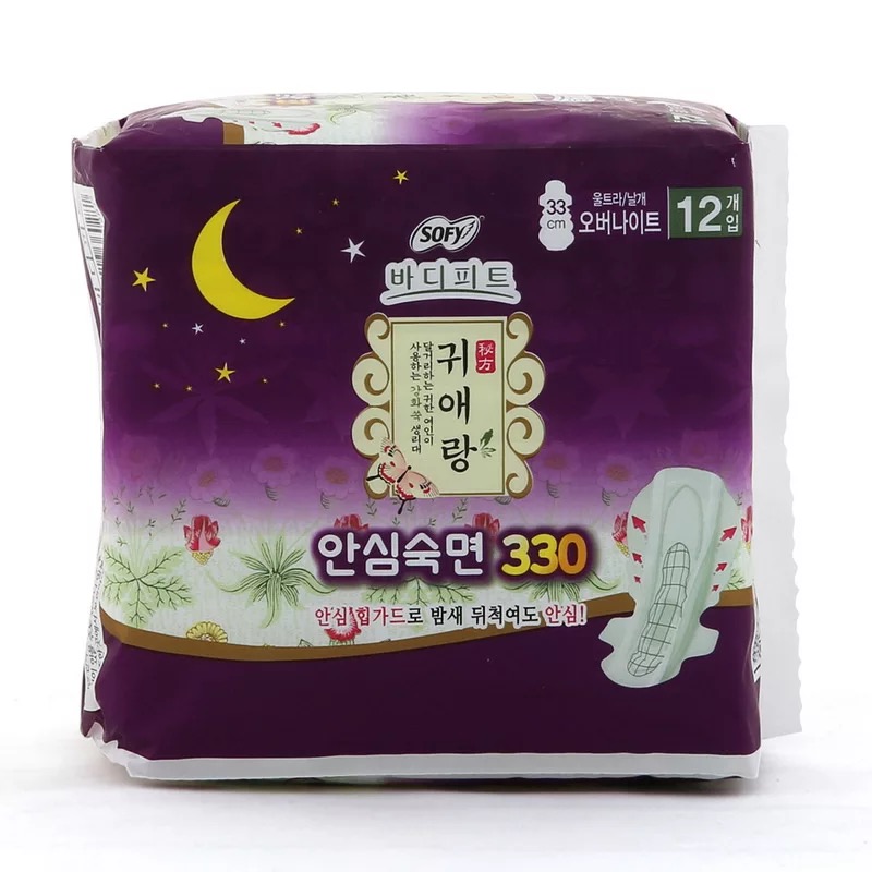 韩国贵爱娘贵艾朗中草药夜用加长卫生巾棉柔姨妈巾33cm防异味产妇