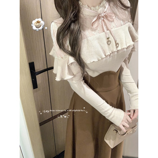 清楚系大小姐 古着千金蕾丝针织上衣水溶花边打底衫高腰长裙套装