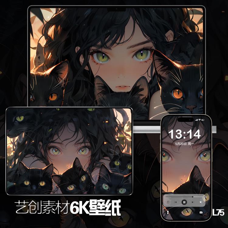 动漫猫咪绿发少女插画壁纸iphone苹果壁纸mac电脑ipad平板壁纸