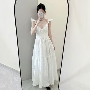 2025春夏全棉绳绣高级法式 蕾丝连衣裙女 度假V领吊带修身 纯欲飞袖