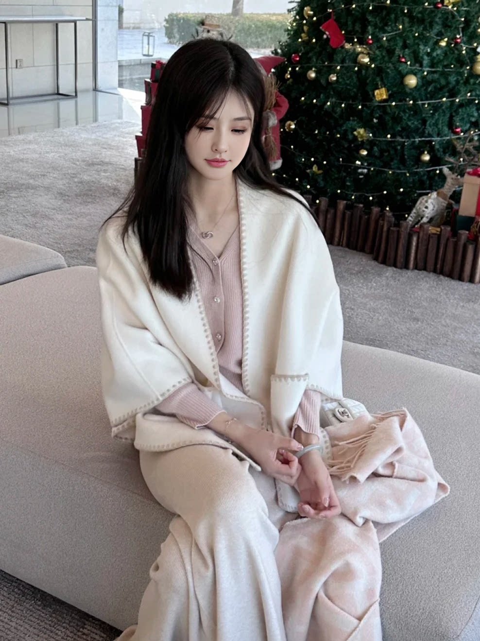 博主同款韩国通勤贝壳绣双面羊毛气质宽松斗篷大衣毛呢中长款外套