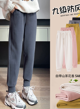 九级防风裤女八分小个子秋冬天加绒加厚显瘦休闲束脚运动卫裤灰色