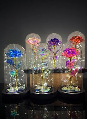 24k金箔玫瑰花玻璃罩大号金底座