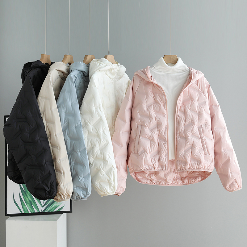 韩系压花连帽白鸭绒羽绒服外套冬