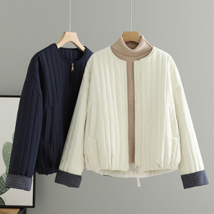 秋冬韩版设计感绗缝竖条纹棉衣外套女短款宽松显瘦小个子棉服上衣