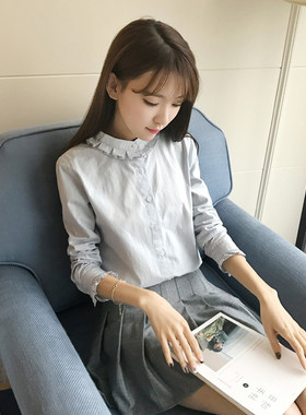 秋装新款小清新纯棉白衬衣女百搭木耳花边立领情人花长袖打底衬衫