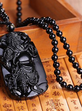 黑曜石貔貅吊坠黑曜石龙牌关公男士项链情侣财神项链批发
