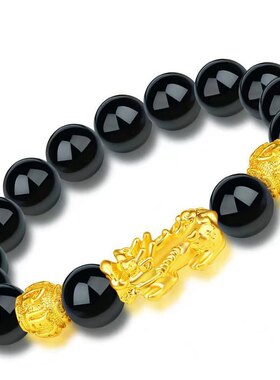 越南沙金貔貅手链男女仿3D硬金99黑曜石皮丘佛珠首饰久不掉色饰品