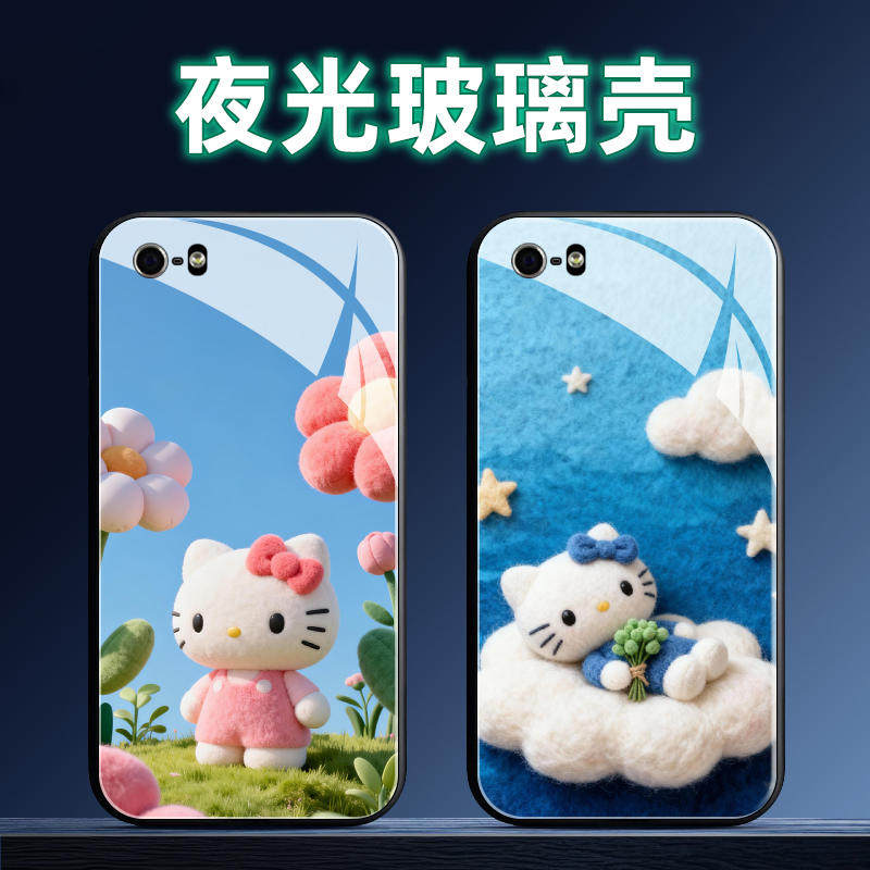 适用iphone5夜光玻璃手机壳iPhone苹果5S保护套软全包防摔定制薄硅胶凯蒂猫卡通时尚高级情侣直边简约女个性