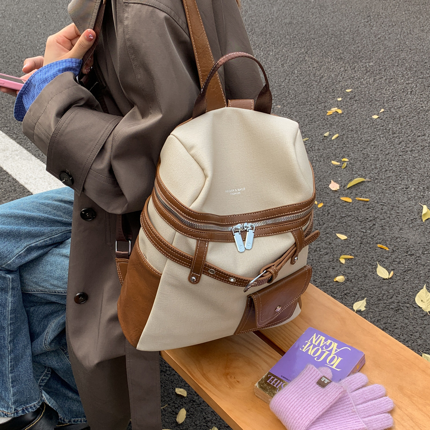 英伦撞色帆布双肩包女2026新款时尚百搭手提单肩包大容量旅行背包