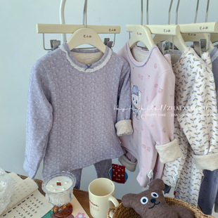 580gA类 内衣男童女童家居服 羊毛拉架棉双层加厚蚕丝羊毛保暖套装